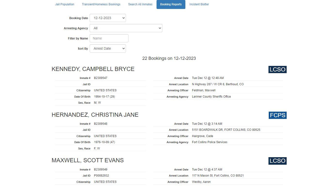 Booking Report - Larimer County Sheriff